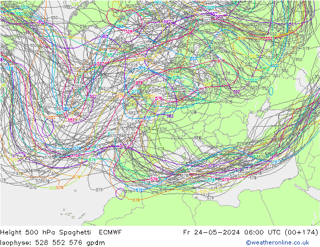 Height 500 hPa Spaghetti ECMWF Fr 24.05.2024 06 UTC