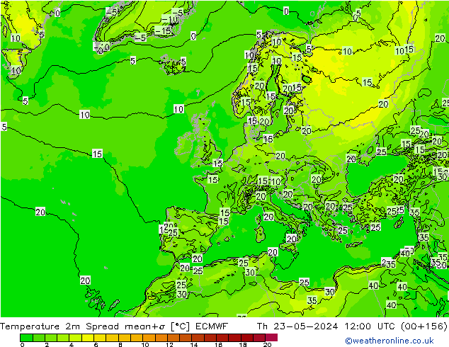 Temperatura 2m Spread ECMWF gio 23.05.2024 12 UTC