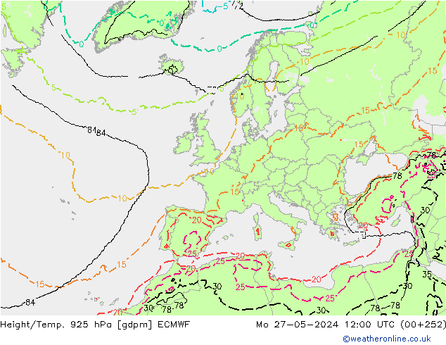 Height/Temp. 925 hPa ECMWF pon. 27.05.2024 12 UTC