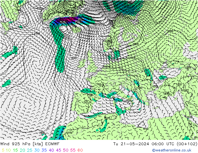 Wind 925 hPa ECMWF Tu 21.05.2024 06 UTC