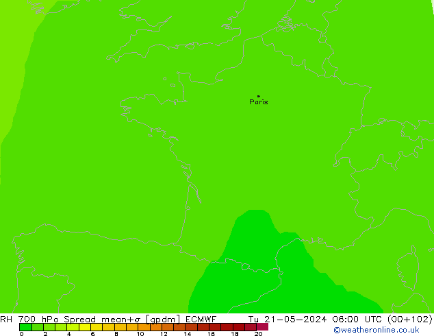 Humedad rel. 700hPa Spread ECMWF mar 21.05.2024 06 UTC