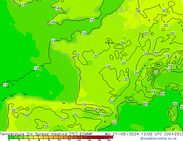 Temperature 2m Spread ECMWF Mo 27.05.2024 12 UTC