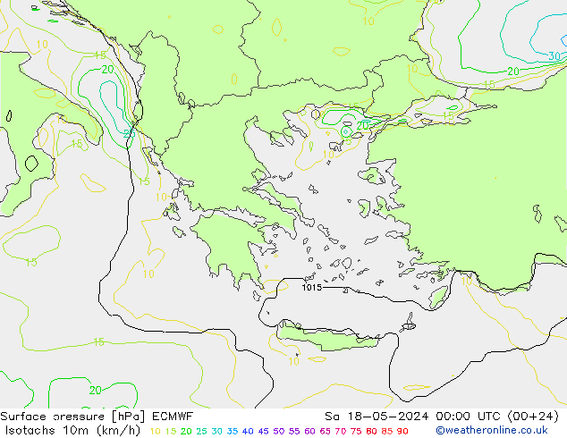 Isotachs (kph) ECMWF Sa 18.05.2024 00 UTC