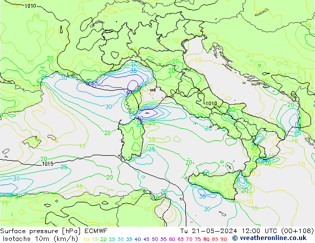 Isotachs (kph) ECMWF  21.05.2024 12 UTC