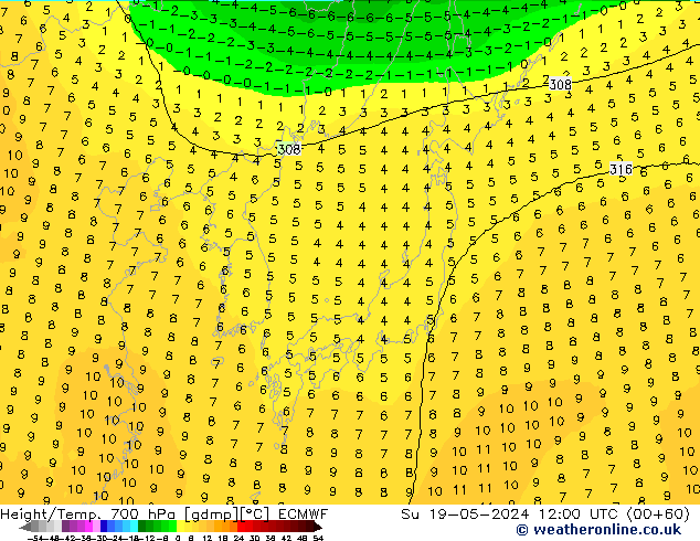 Hoogte/Temp. 700 hPa ECMWF zo 19.05.2024 12 UTC