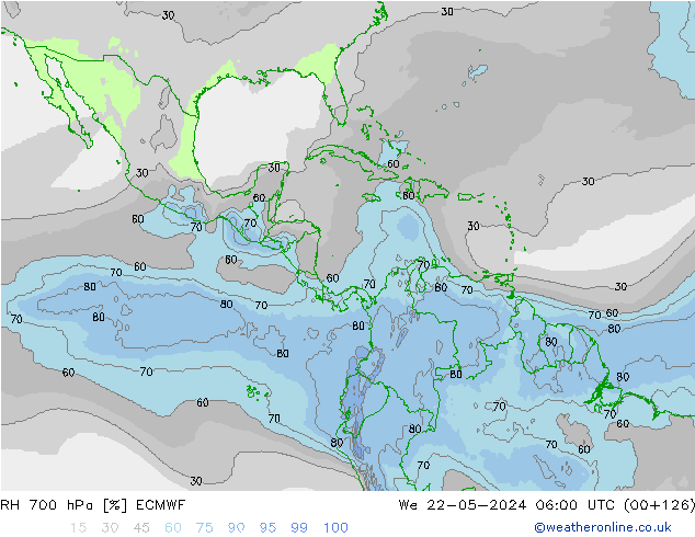 Humidité rel. 700 hPa ECMWF mer 22.05.2024 06 UTC