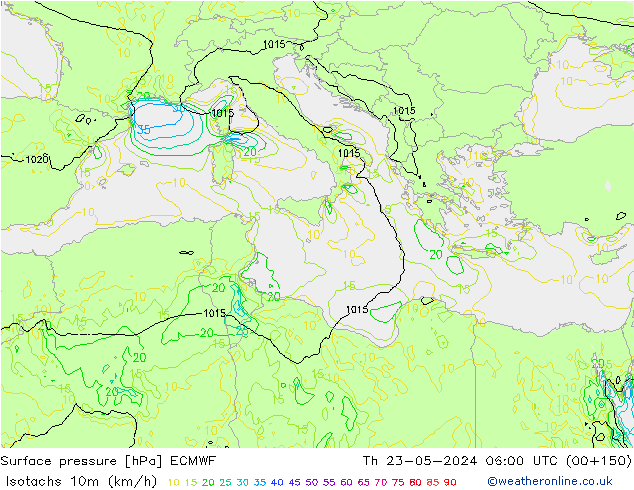 Isotachs (kph) ECMWF чт 23.05.2024 06 UTC