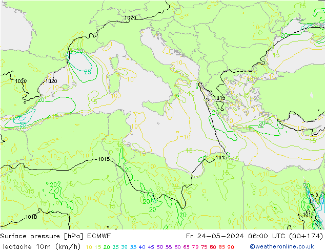 Eşrüzgar Hızları (km/sa) ECMWF Cu 24.05.2024 06 UTC