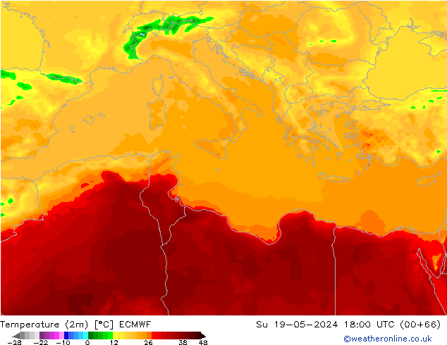 Temperature (2m) ECMWF Su 19.05.2024 18 UTC
