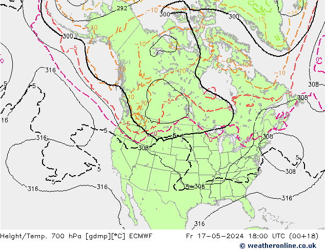 Geop./Temp. 700 hPa ECMWF vie 17.05.2024 18 UTC