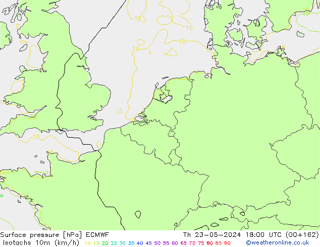 Izotacha (km/godz) ECMWF czw. 23.05.2024 18 UTC