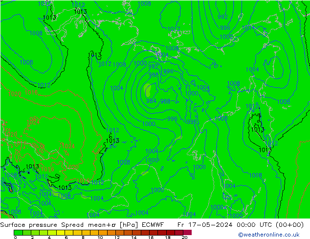 Presión superficial Spread ECMWF vie 17.05.2024 00 UTC