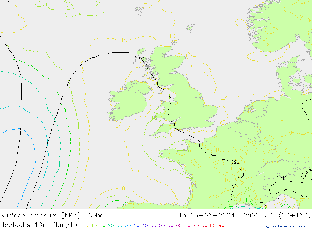 Izotacha (km/godz) ECMWF czw. 23.05.2024 12 UTC