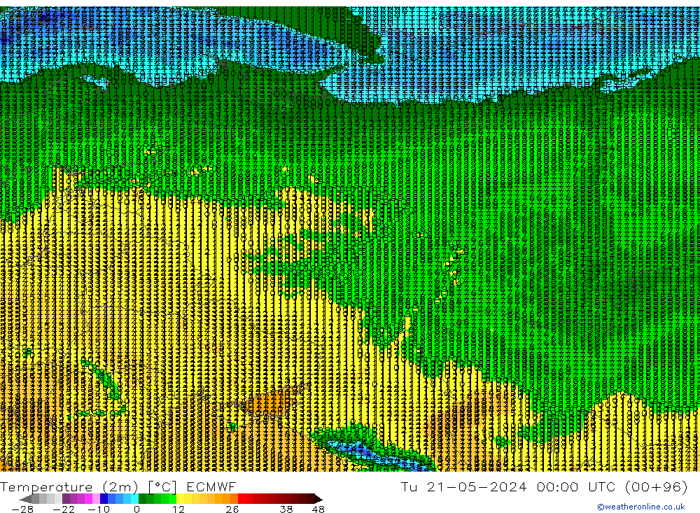 Temperatuurkaart (2m) ECMWF di 21.05.2024 00 UTC