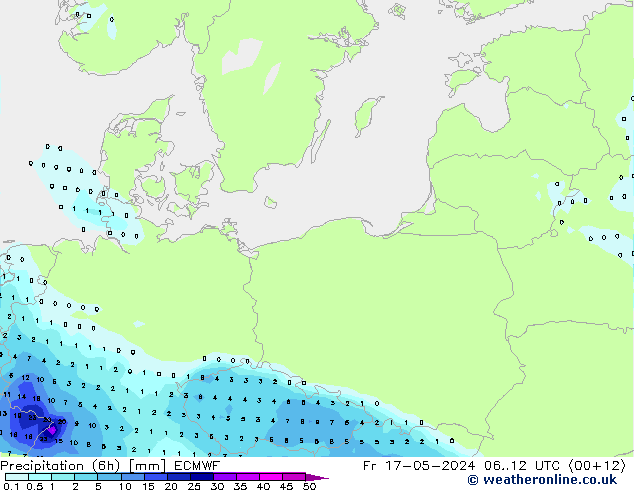 Totale neerslag (6h) ECMWF vr 17.05.2024 12 UTC