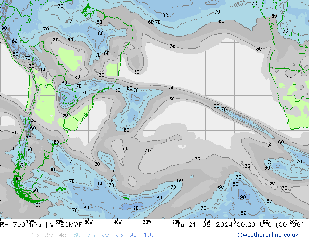 Humidité rel. 700 hPa ECMWF mar 21.05.2024 00 UTC