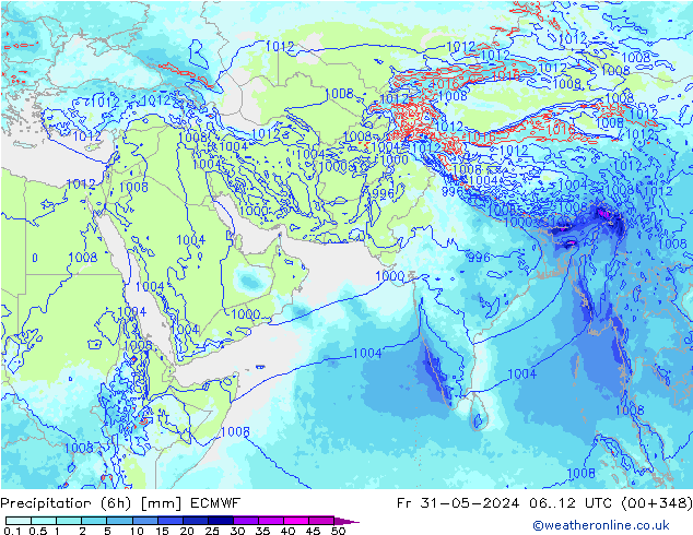 Totale neerslag (6h) ECMWF vr 31.05.2024 12 UTC