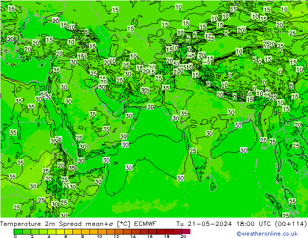 Temperature 2m Spread ECMWF Tu 21.05.2024 18 UTC