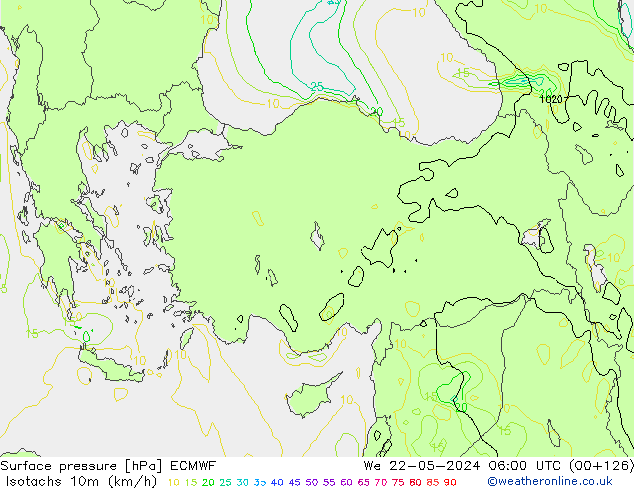 Isotachs (kph) ECMWF St 22.05.2024 06 UTC