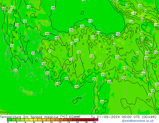 Temperatuurkaart Spread ECMWF di 21.05.2024 00 UTC