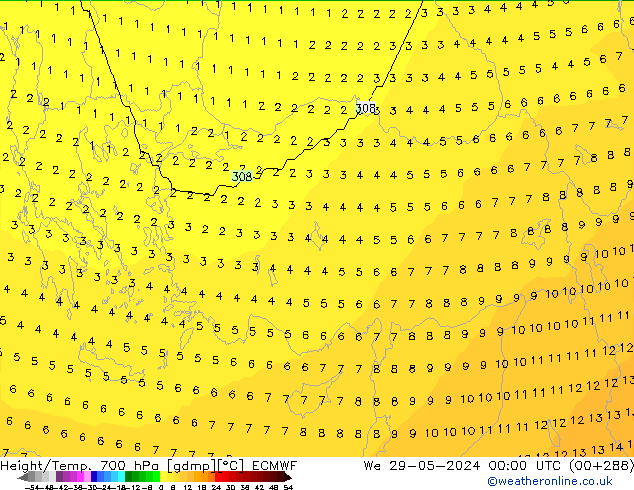 Height/Temp. 700 hPa ECMWF St 29.05.2024 00 UTC