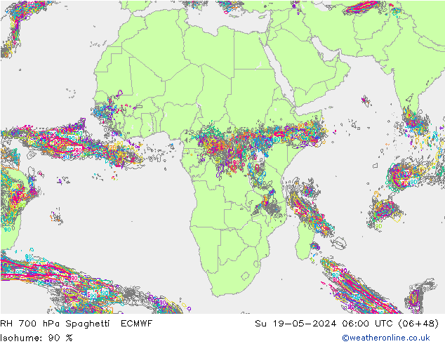 RH 700 гПа Spaghetti ECMWF Вс 19.05.2024 06 UTC