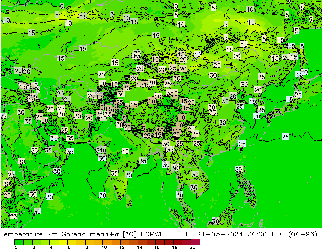 Temperature 2m Spread ECMWF Tu 21.05.2024 06 UTC