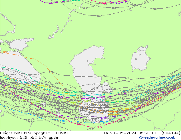 Geop. 500 hPa Spaghetti ECMWF jue 23.05.2024 06 UTC