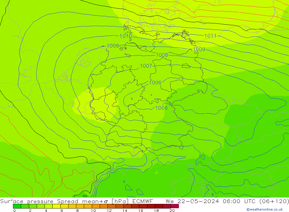 Surface pressure Spread ECMWF We 22.05.2024 06 UTC