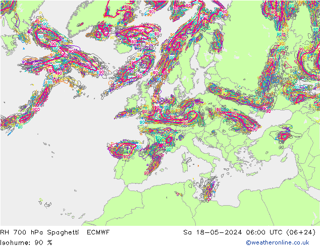 RH 700 hPa Spaghetti ECMWF sab 18.05.2024 06 UTC