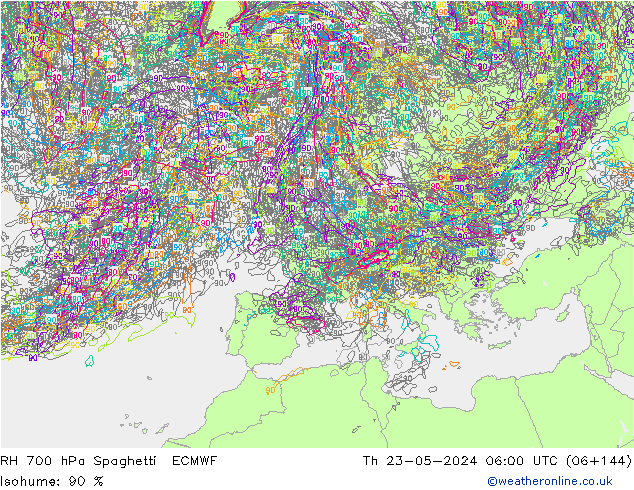 RH 700 hPa Spaghetti ECMWF  23.05.2024 06 UTC