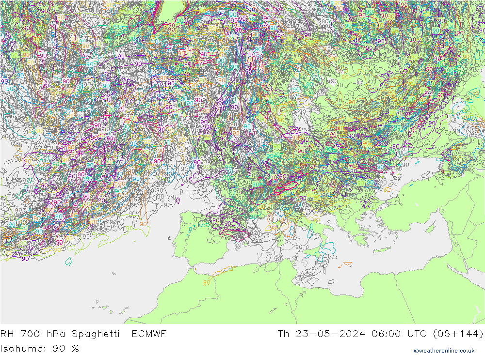 RH 700 hPa Spaghetti ECMWF czw. 23.05.2024 06 UTC