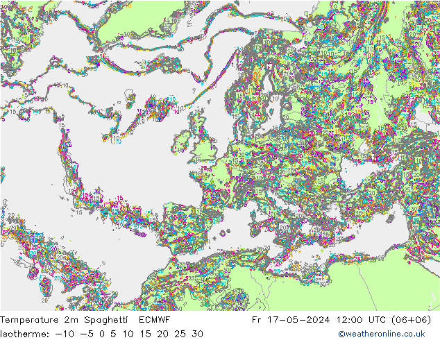 Temperatura 2m Spaghetti ECMWF vie 17.05.2024 12 UTC
