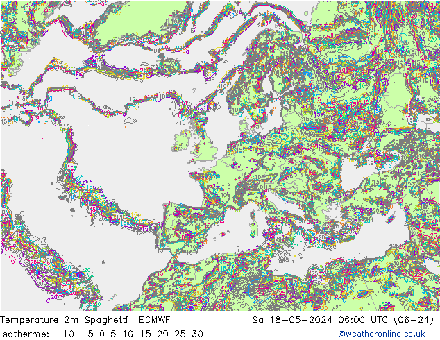 Temperature 2m Spaghetti ECMWF Sa 18.05.2024 06 UTC