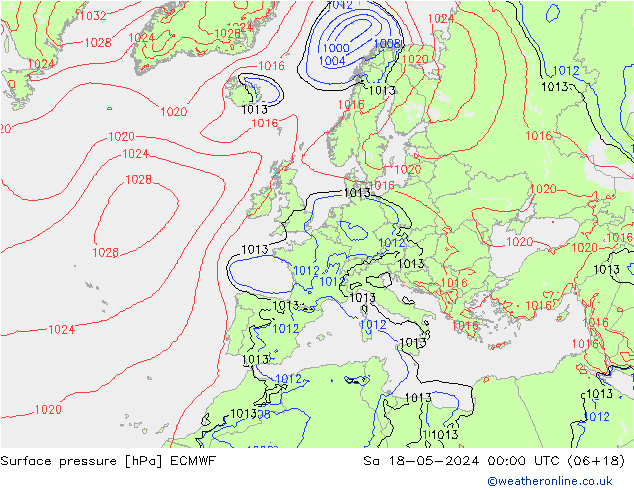 Presión superficial ECMWF sáb 18.05.2024 00 UTC