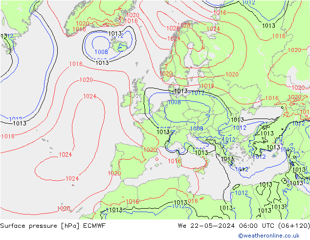 Luchtdruk (Grond) ECMWF wo 22.05.2024 06 UTC