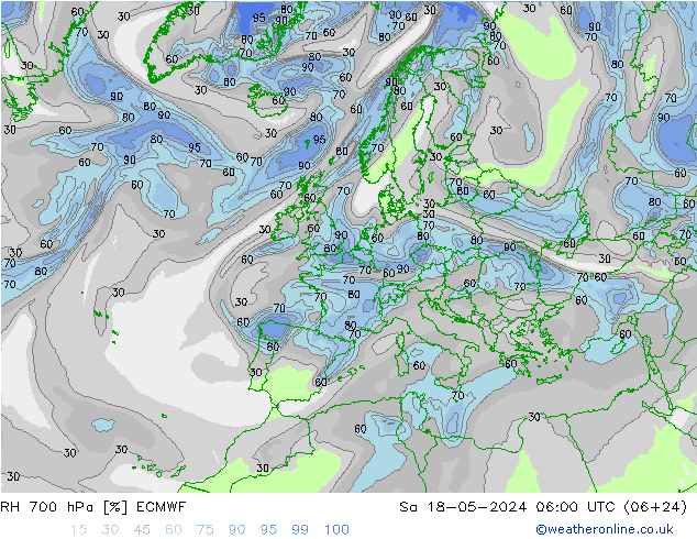 RH 700 hPa ECMWF Sa 18.05.2024 06 UTC