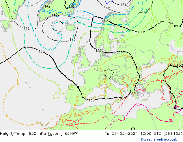 Height/Temp. 850 hPa ECMWF Tu 21.05.2024 12 UTC