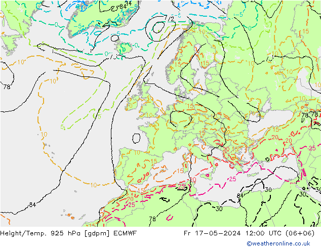 Height/Temp. 925 hPa ECMWF Fr 17.05.2024 12 UTC