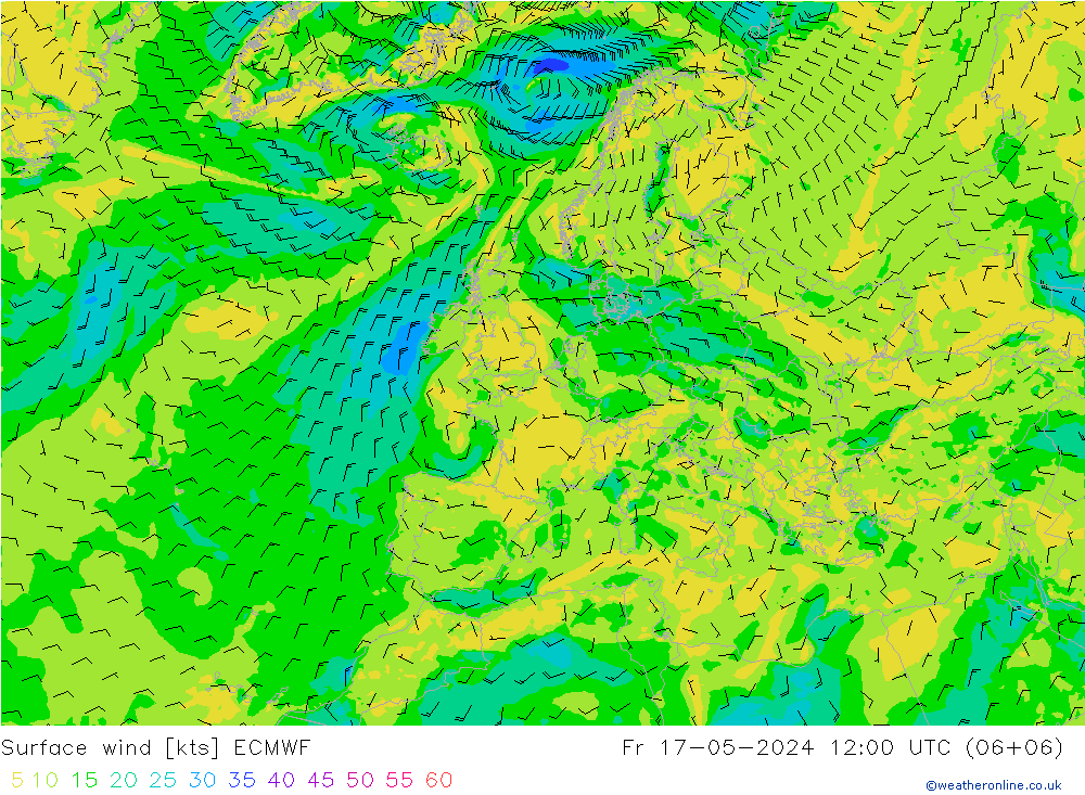 Vento 10 m ECMWF ven 17.05.2024 12 UTC