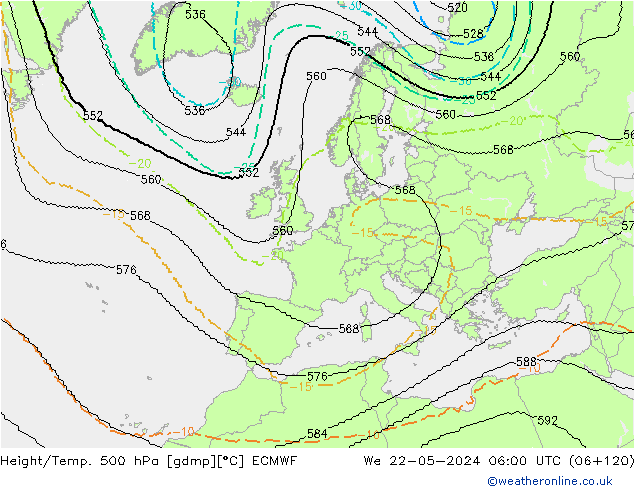 Height/Temp. 500 hPa ECMWF Qua 22.05.2024 06 UTC