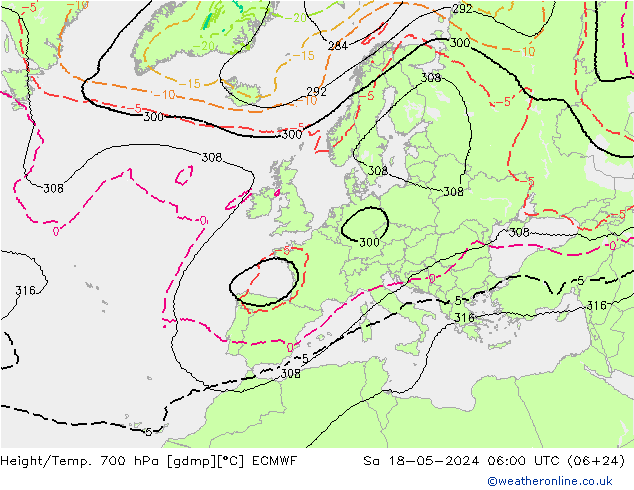 Height/Temp. 700 hPa ECMWF Sa 18.05.2024 06 UTC