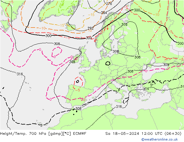 Height/Temp. 700 hPa ECMWF Sa 18.05.2024 12 UTC