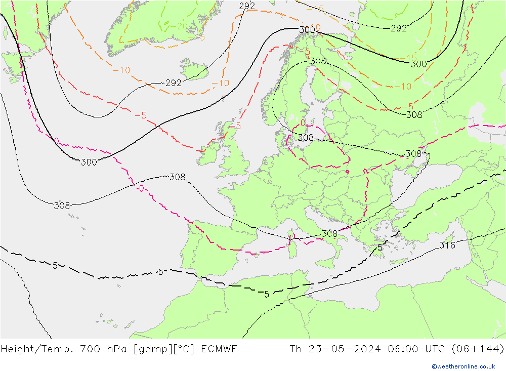 Geop./Temp. 700 hPa ECMWF jue 23.05.2024 06 UTC