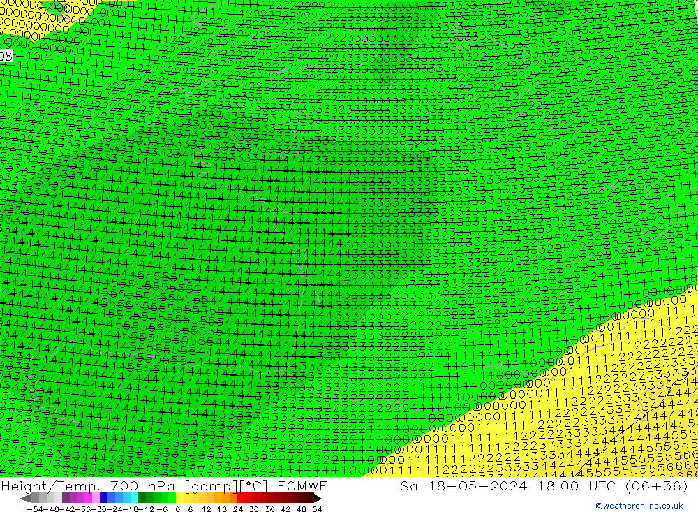 Géop./Temp. 700 hPa ECMWF sam 18.05.2024 18 UTC