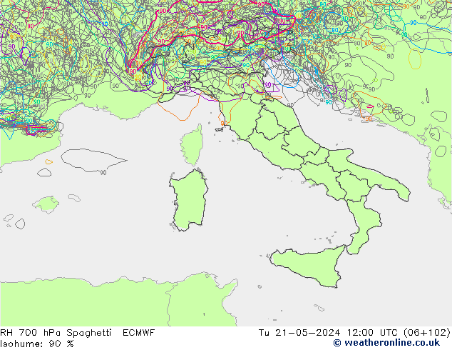 RH 700 гПа Spaghetti ECMWF вт 21.05.2024 12 UTC