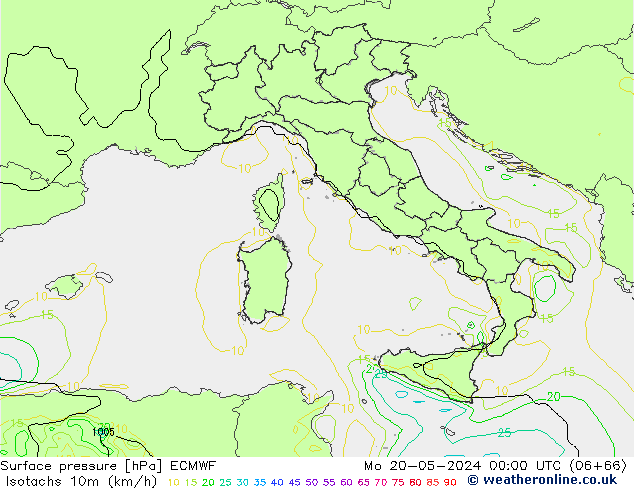 Isotachen (km/h) ECMWF ma 20.05.2024 00 UTC