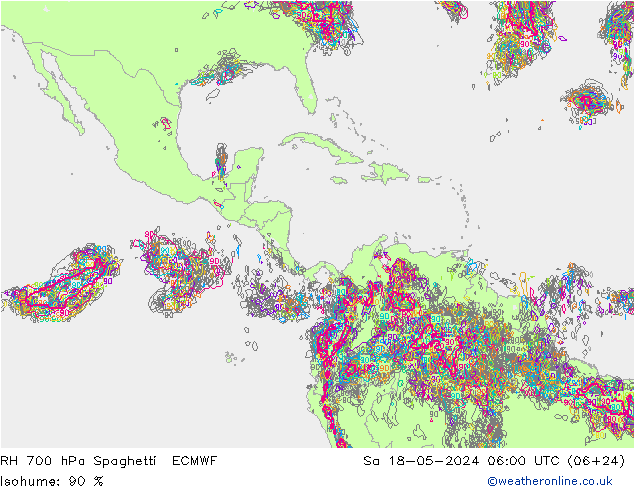 RH 700 гПа Spaghetti ECMWF сб 18.05.2024 06 UTC