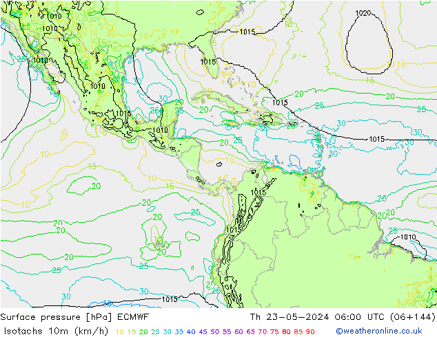 Isotachs (kph) ECMWF gio 23.05.2024 06 UTC