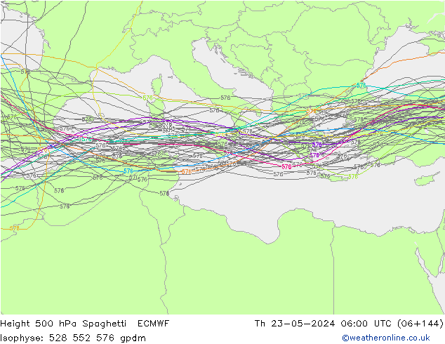 Height 500 hPa Spaghetti ECMWF Th 23.05.2024 06 UTC